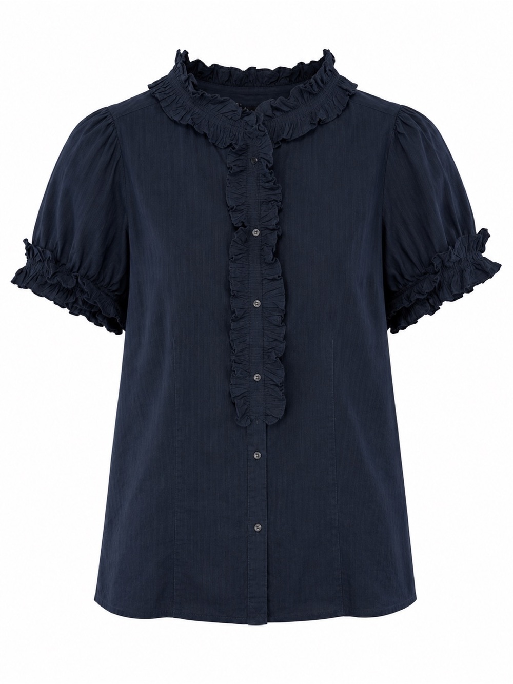 Marc By Marc Jacobs Navy Ruffle Short Sleeve Button-Up Blouse Sz 2 Cotton & Silk